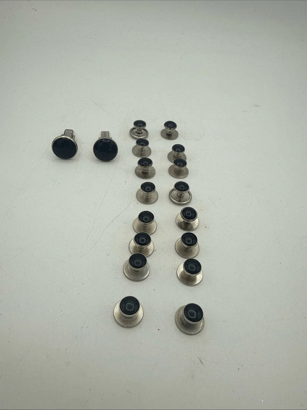 Men's Black /Silvertone Tuxedo suit 16 Button Studs & 2 Cuff Links Wedding Groom